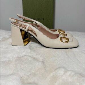 Gucci Ivory Leather Slingback Pumps with Gold Horsebit Accent